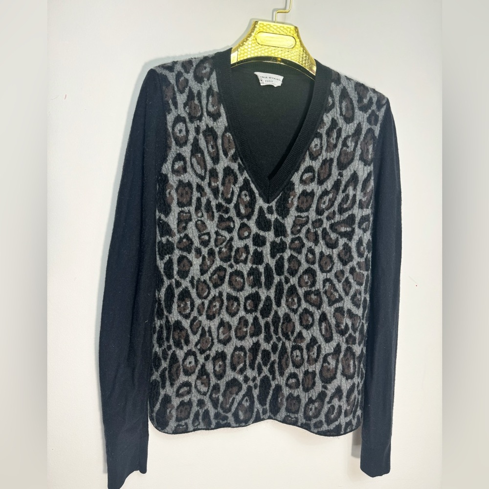 Sonia Rykiel Paris Leopard V neck Wool & Mohair sweater size 42 Luxury designer